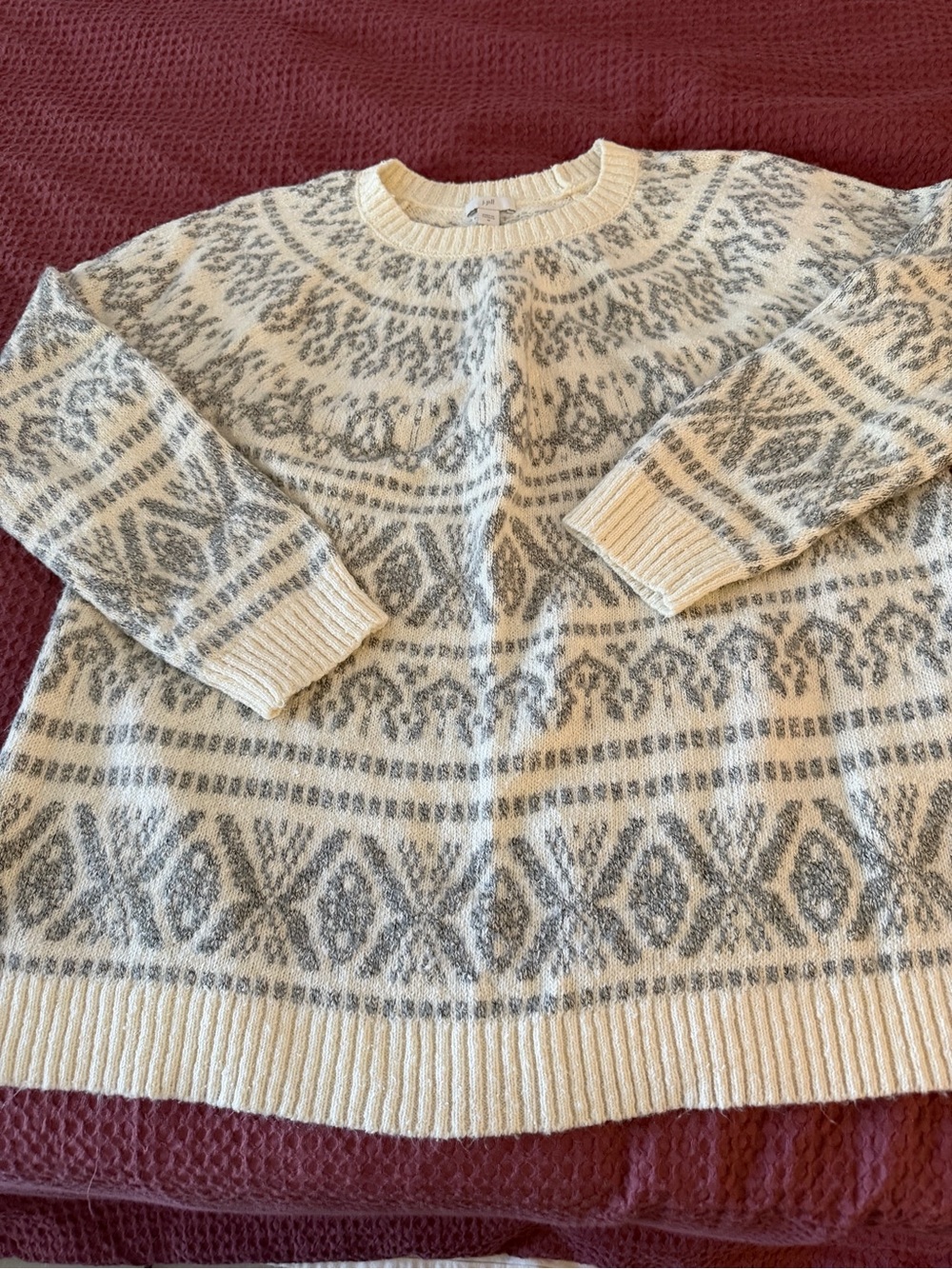 J.Jill Cozy Fair Isle Crewneck Sweater in Cream and Gray sz M